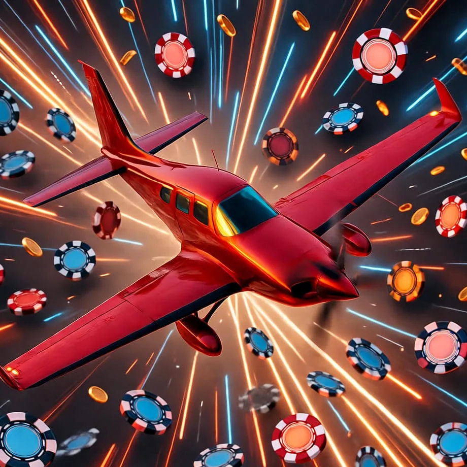 Red airplane flying through explosion of colorful casino chips and glowing light streaks